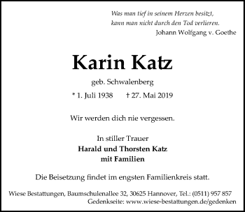 Traueranzeige von Karin Katz von Hannoversche Allgemeine Zeitung/Neue Presse