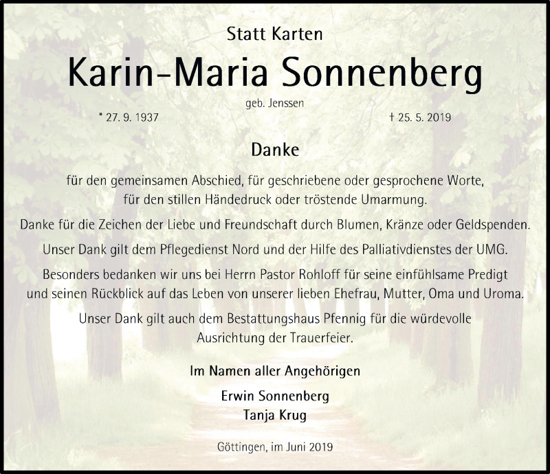  Traueranzeige für Karin-Maria Sonnenberg vom 15.06.2019 aus Göttinger Tageblatt