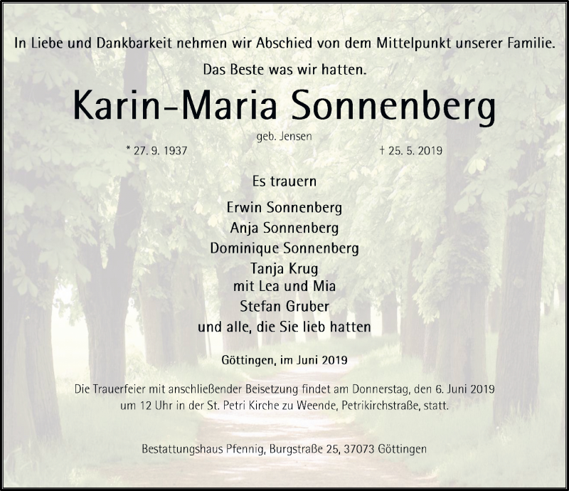  Traueranzeige für Karin-Maria Sonnenberg vom 01.06.2019 aus Göttinger Tageblatt