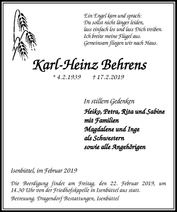 Traueranzeige von Karl-Heinz Behrens von Aller Zeitung