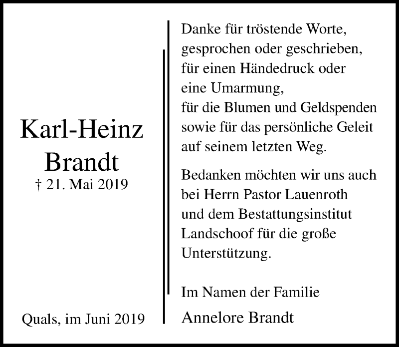  Traueranzeige für Karl-Heinz Brandt vom 15.06.2019 aus Lübecker Nachrichten