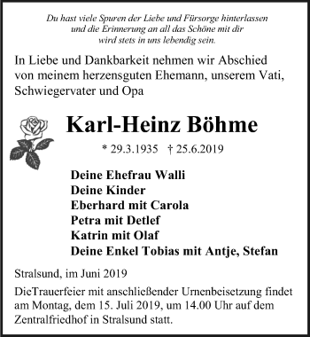Traueranzeige von Karl-Heinz Böhme von Ostsee-Zeitung GmbH