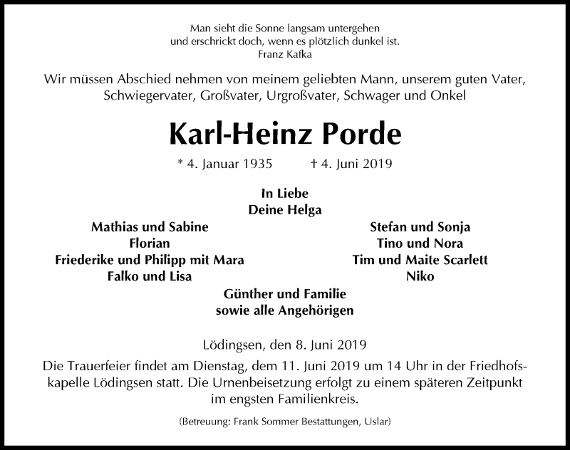  Traueranzeige für Karl-Heinz Porde vom 08.06.2019 aus Göttinger Tageblatt