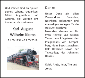 Traueranzeige von Karl August Wilhelm Klems von Ostsee-Zeitung GmbH