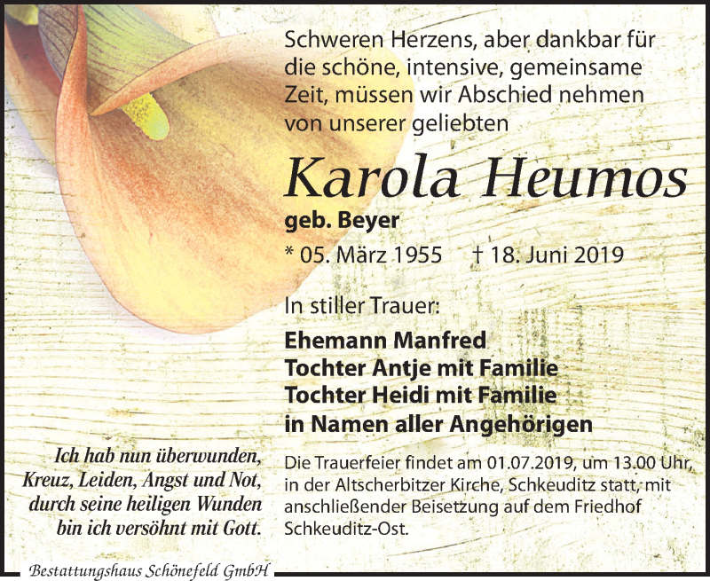  Traueranzeige für Karola Heumos vom 22.06.2019 aus Leipziger Volkszeitung