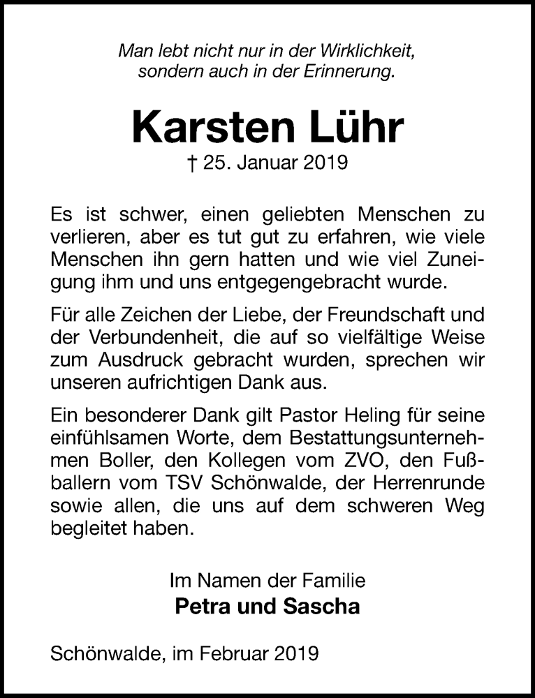  Traueranzeige für Karsten Lühr vom 20.02.2019 aus Lübecker Nachrichten