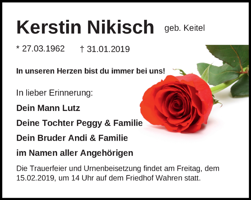  Traueranzeige für Kerstin Nikisch vom 09.02.2019 aus Leipziger Volkszeitung