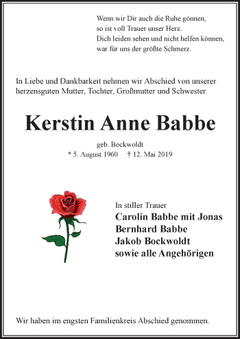 Traueranzeige von Kerstin Anne Babbe von Lübecker Nachrichten