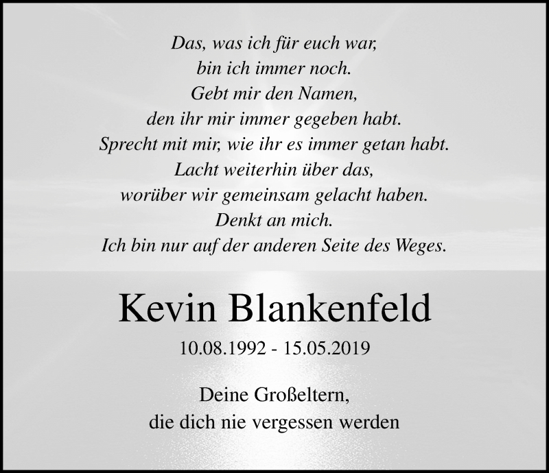  Traueranzeige für Kevin BlanKenfeld vom 08.06.2019 aus Ostsee-Zeitung GmbH