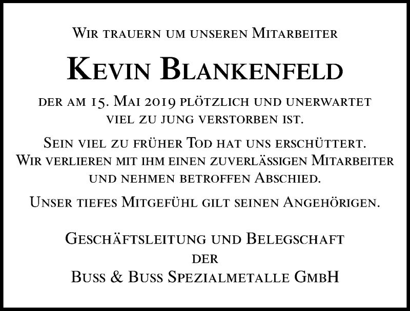  Traueranzeige für Kevin BlanKenfeld vom 01.06.2019 aus Ostsee-Zeitung GmbH
