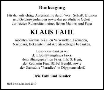 Traueranzeige von Klaus Fahl von Märkischen Allgemeine Zeitung