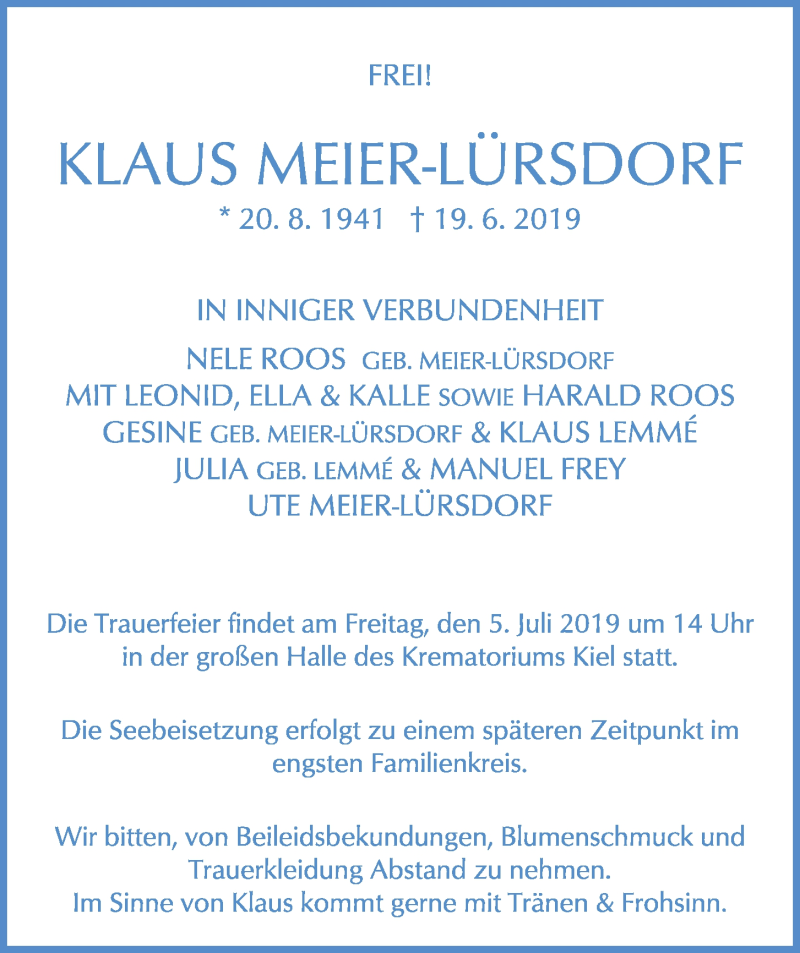  Traueranzeige für Klaus Meier-Lürsdorf vom 22.06.2019 aus Kieler Nachrichten