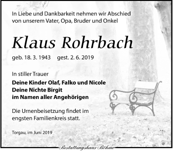 Traueranzeige von Klaus Rohrbach von Torgauer Zeitung