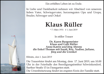 Traueranzeige von Klaus Rüller von Ostsee-Zeitung GmbH