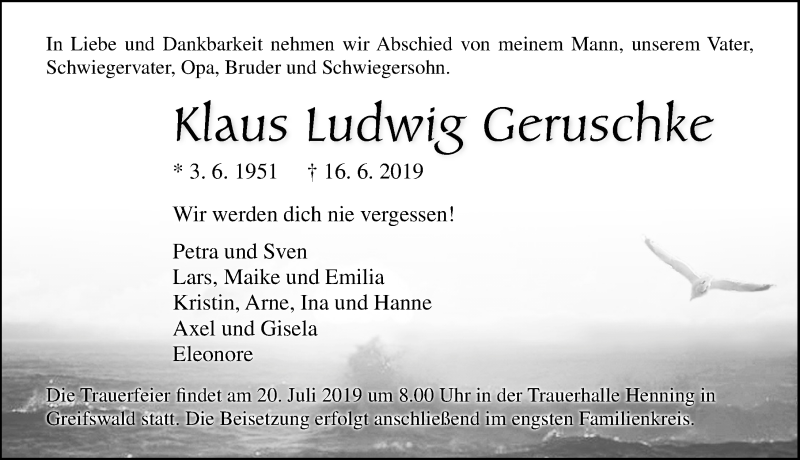  Traueranzeige für Klaus Ludwig Geruschke vom 22.06.2019 aus Ostsee-Zeitung GmbH