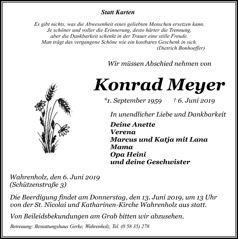  Traueranzeige für Konrad Meyer vom 12.06.2019 aus Aller Zeitung