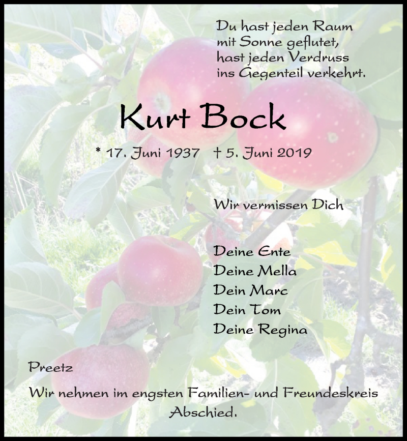  Traueranzeige für Kurt Bock vom 08.06.2019 aus Kieler Nachrichten