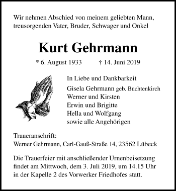 Traueranzeige von Kurt Gehrmann von Lübecker Nachrichten