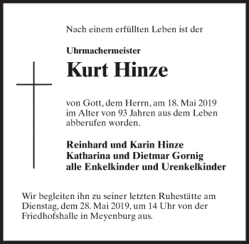 Traueranzeige von Kurt Hinze von Märkischen Allgemeine Zeitung