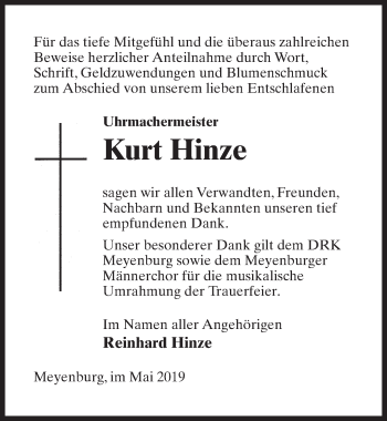 Traueranzeige von Kurt Hinze von Märkischen Allgemeine Zeitung