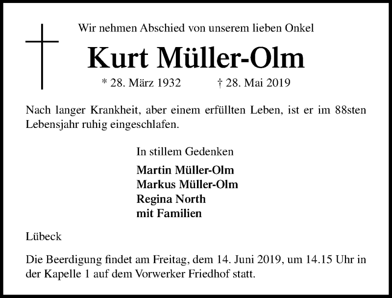  Traueranzeige für Kurt Müller-Olm vom 09.06.2019 aus Lübecker Nachrichten
