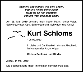 Traueranzeige von Kurt Schloms von Ostsee-Zeitung GmbH