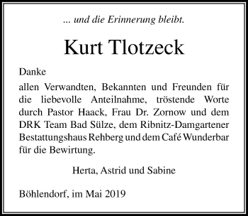 Traueranzeige von Kurt Tlotzeck von Ostsee-Zeitung GmbH