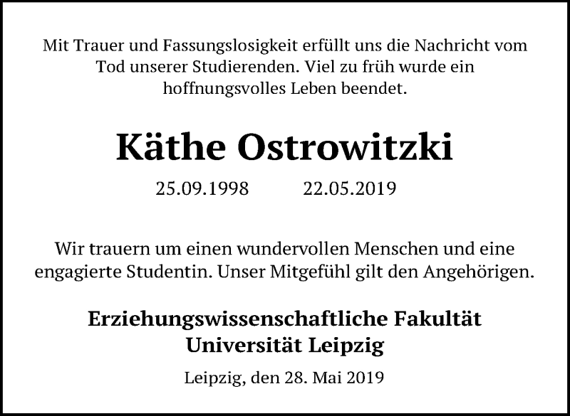  Traueranzeige für Käthe Ostrowitzki vom 31.05.2019 aus Leipziger Volkszeitung