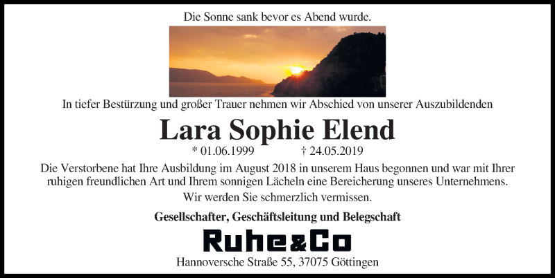  Traueranzeige für Lara Sophie Elend vom 08.06.2019 aus Göttinger Tageblatt
