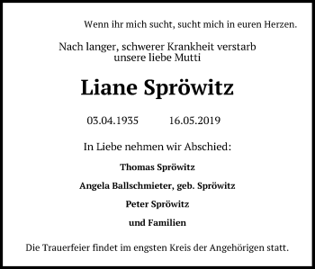 Traueranzeige von Liane Spröwitz von Kieler Nachrichten