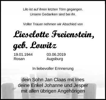Traueranzeige von Lieselotte Freienstein von Lübecker Nachrichten