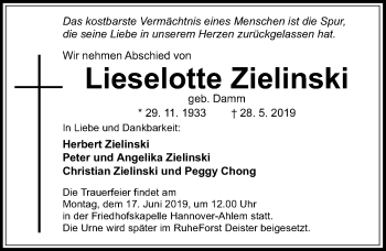Traueranzeige von Lieselotte Zielinski von Hannoversche Allgemeine Zeitung/Neue Presse