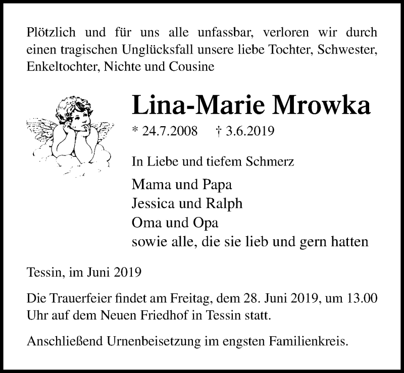  Traueranzeige für Lina-Marie Mrowka vom 15.06.2019 aus Ostsee-Zeitung GmbH