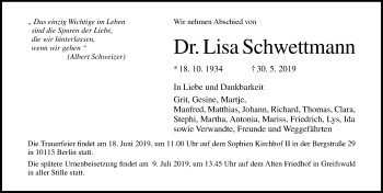 Traueranzeige von Lisa Schwettmann von Ostsee-Zeitung GmbH