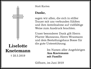 Traueranzeige von Liselotte Knetemann von Aller Zeitung