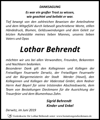 Traueranzeige von Lothar Behrendt von Märkischen Allgemeine Zeitung