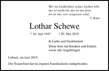 Traueranzeige von Lothar Schewe von Lübecker Nachrichten