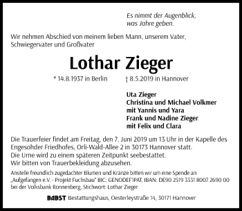 Traueranzeige von Lothar Zieger von Hannoversche Allgemeine Zeitung/Neue Presse
