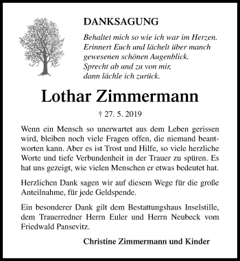 Traueranzeige von Lothar Zimmermann von Ostsee-Zeitung GmbH