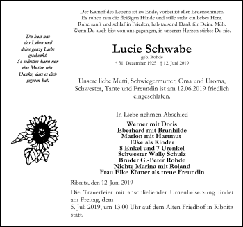 Traueranzeige von Lucie Schwabe von Ostsee-Zeitung GmbH