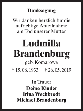 Traueranzeige von Ludmilla Brandenburg von Märkischen Allgemeine Zeitung