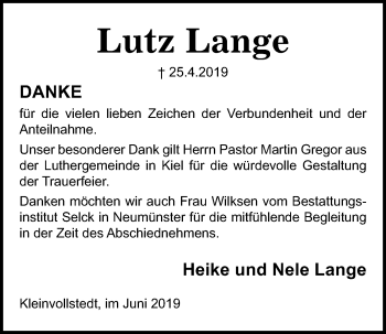 Traueranzeige von Lutz Lange von Kieler Nachrichten