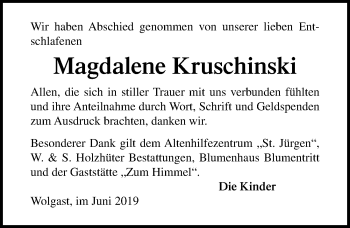 Traueranzeige von Magdalene Kruschinski von Ostsee-Zeitung GmbH