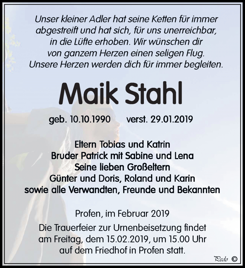  Traueranzeige für Maik Stahl vom 09.02.2019 aus Leipziger Volkszeitung