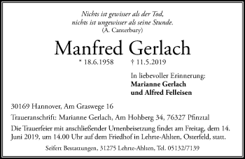 Traueranzeige von Manfred Gerlach von Hannoversche Allgemeine Zeitung/Neue Presse