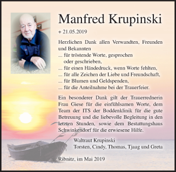 Traueranzeige von Manfred Krupinski von Ostsee-Zeitung GmbH