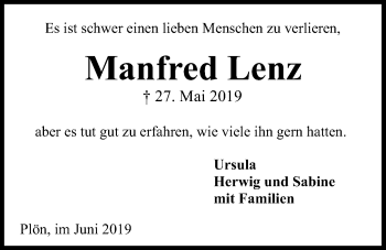 Traueranzeige von Manfred Lenz von Kieler Nachrichten