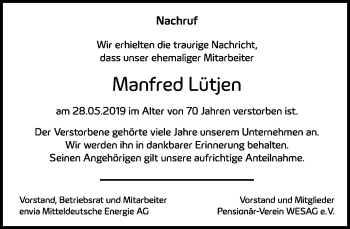 Traueranzeige von Manfred Lütjen von Leipziger Volkszeitung