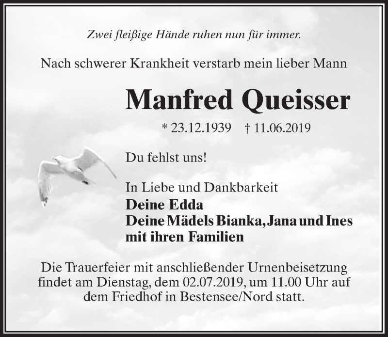  Traueranzeige für Manfred Queisser vom 22.06.2019 aus Märkischen Allgemeine Zeitung