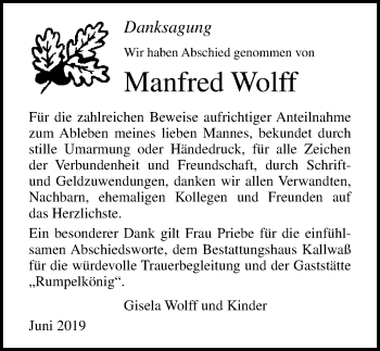 Traueranzeige von Manfred Wolff von Ostsee-Zeitung GmbH